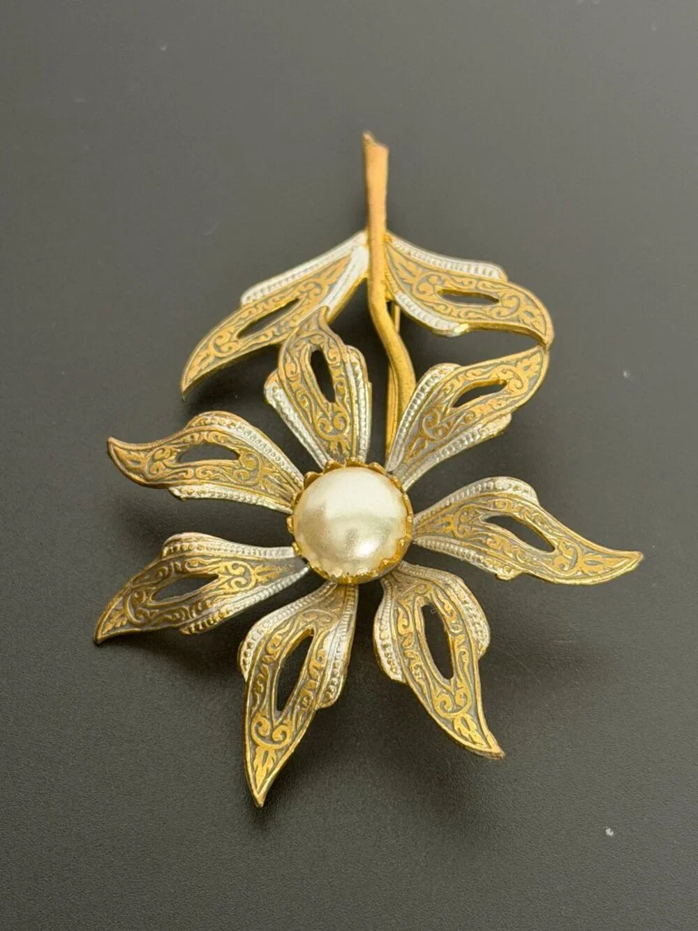 Set Of 2 Damascene Made in Spain Brooch Pins Flower Flying Fish Gold Black White